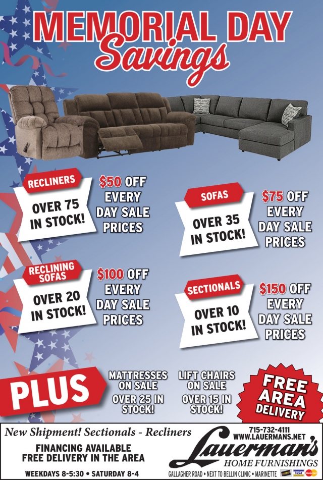 Memorial Day Savings, Lauerman's Home Furnishing, Marinette, WI