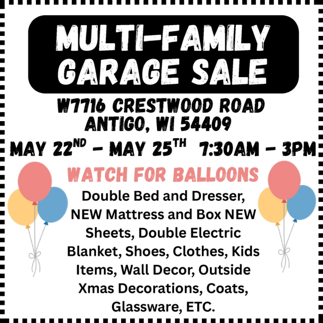 Multi-Family Garage Sale, W7716 Crestwood Rd - Antigo Multi-Family Garage Sale