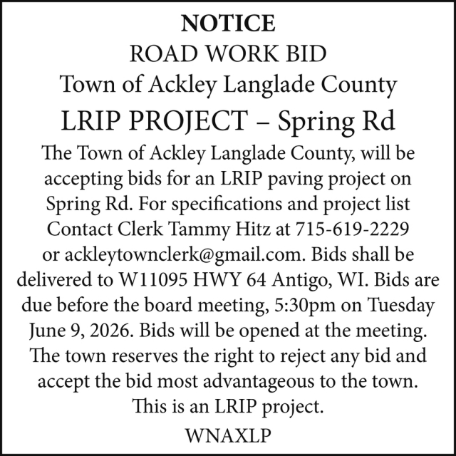Bids Wanted, Town of Ackley - Tammy Hitz