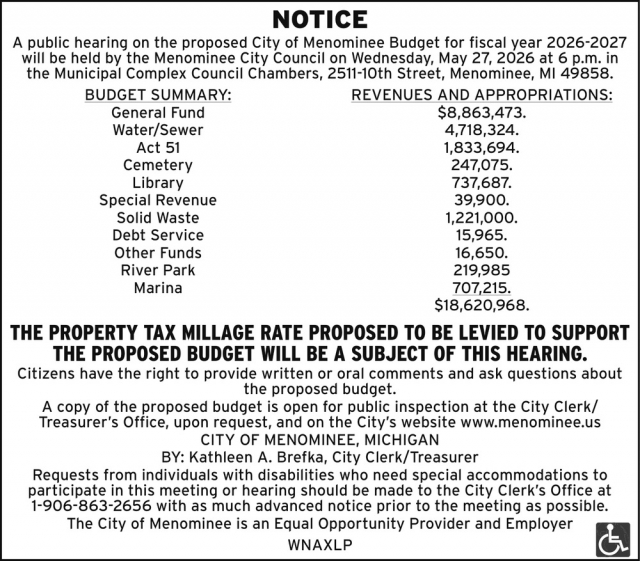 Notice, City of Menominee, Menominee, MI