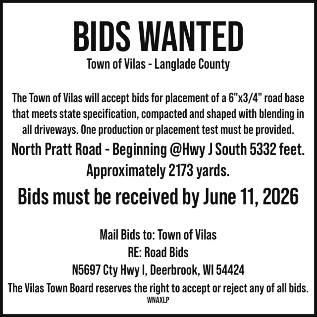 Bids Wanted, Town of Vilas
