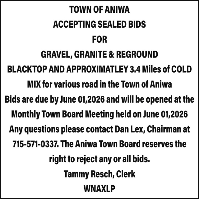 Accepting Sealed Bids, Town of Aniwa, Aniwa, WI