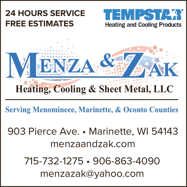 Heating & Cooling Services, Menza & Zak Heating, Cooling & Sheet Metal, LLC, Marinette, WI