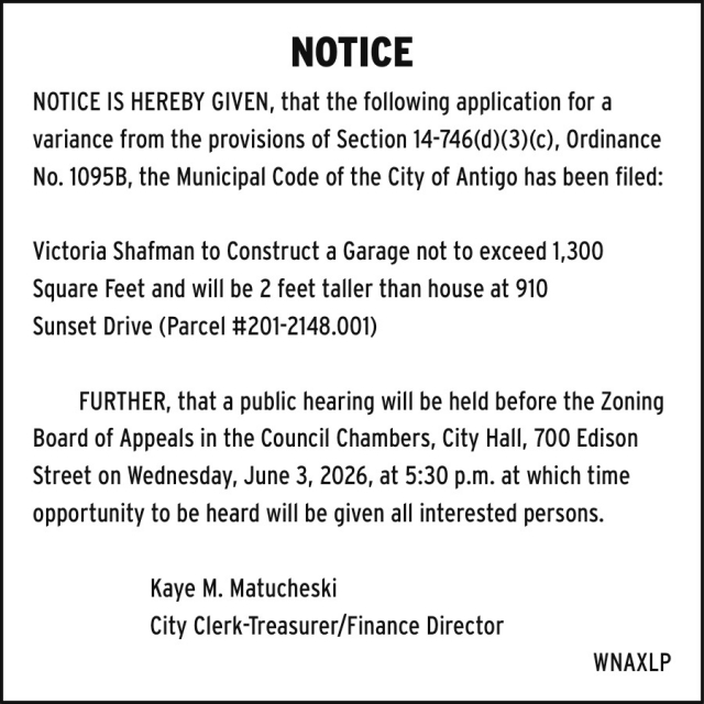 Notice, City of Antigo, Antigo, WI