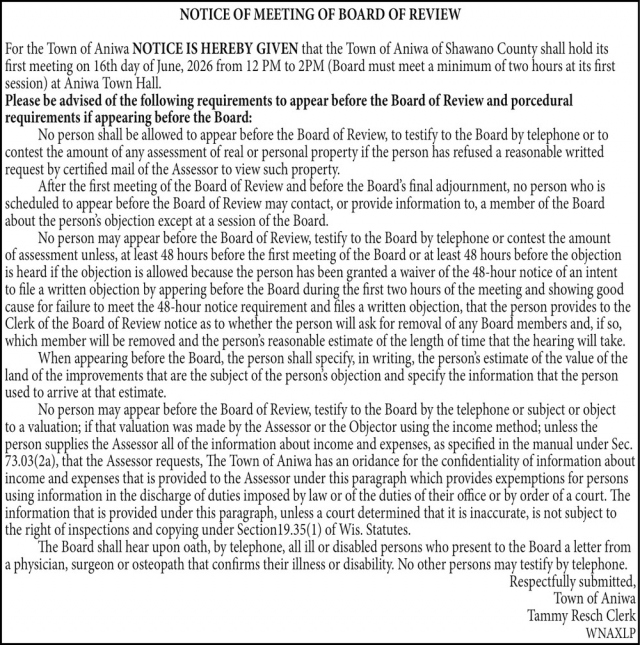 Notice of Meeting of Board of Review, Town of Aniwa, Aniwa, WI