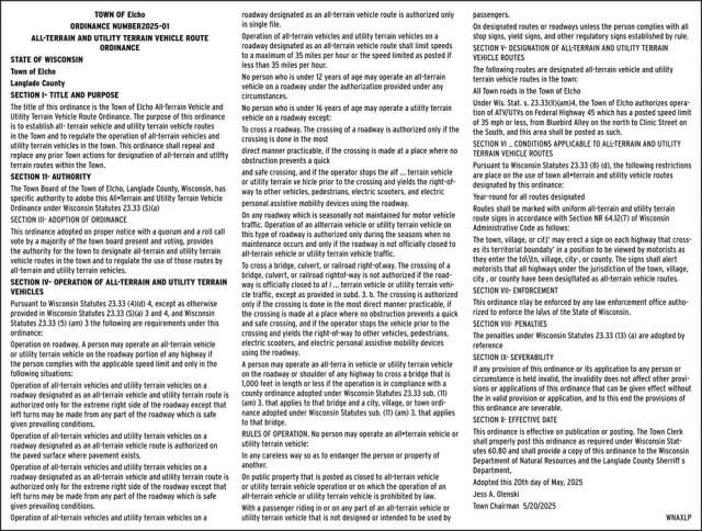 Ordinance No.2025-01, Town Of Elcho, Elcho, WI