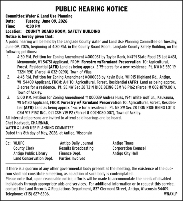 Public Hearing Notice, Langlade County Clerk