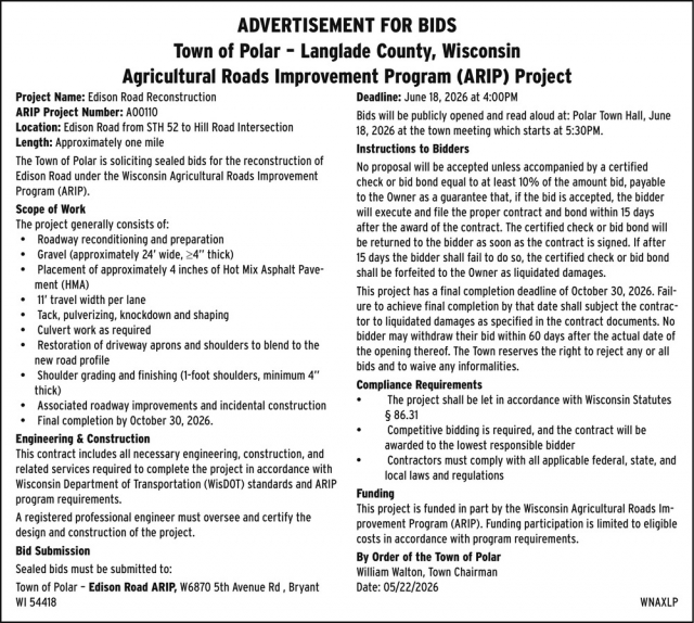 Advertisement for Bids, Town of Polar, Polar, WI
