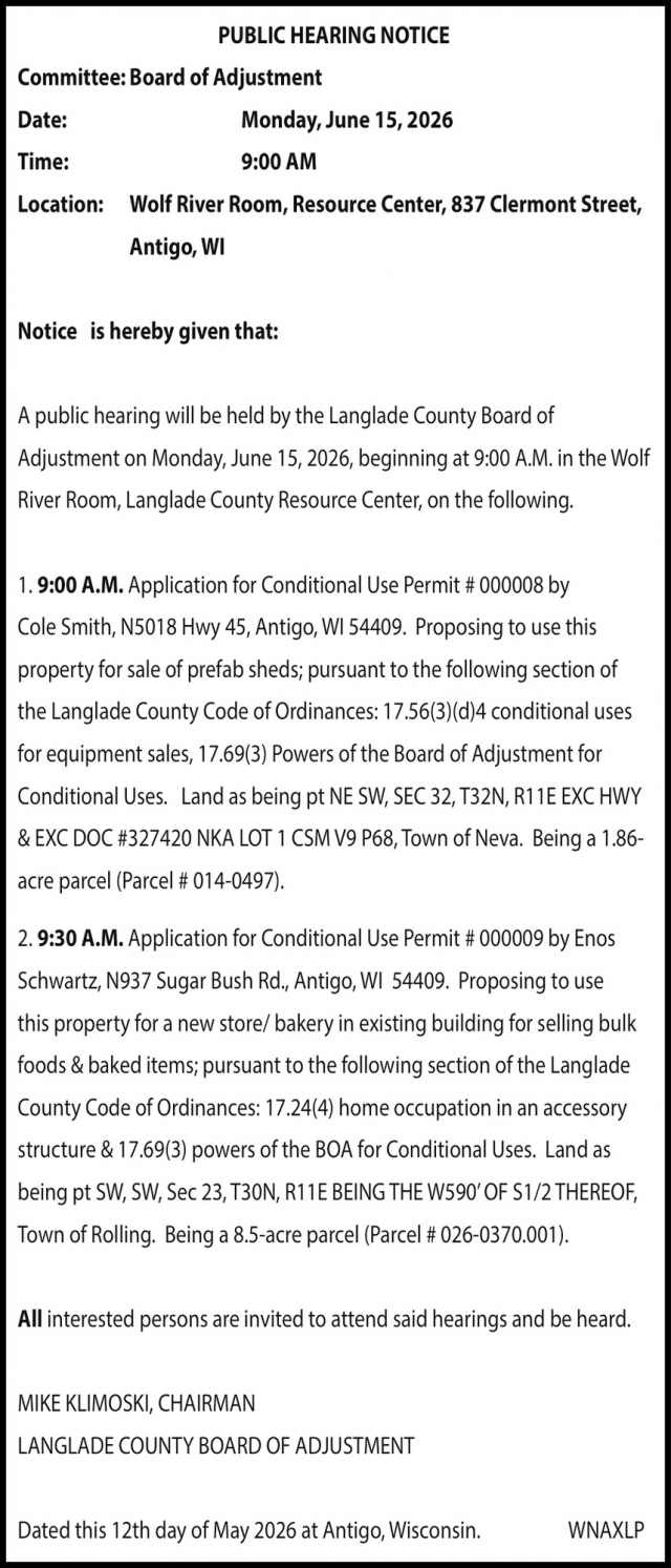 Public Hearing Notice, Langlade County Board of Adjustment Meeting (June 15, 2026)