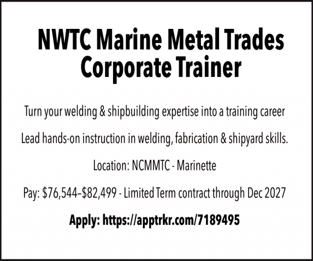 NWTC Marine Metal Trades Corporate Trainer, Northeast Wisconsin Technical College