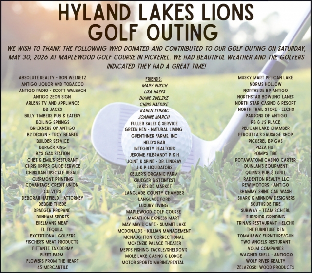 Thank you for the donations, Hyland Lakes Lions Club, Deerbrook, WI