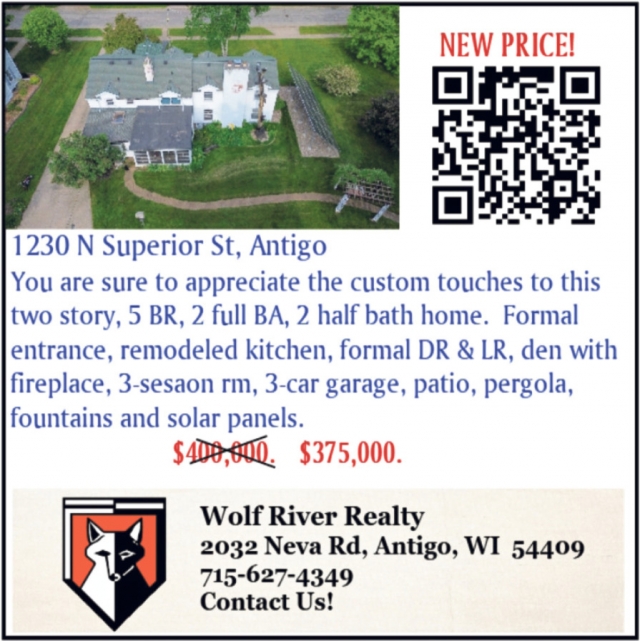 New Price!, Wolf River Realty, Antigo, WI