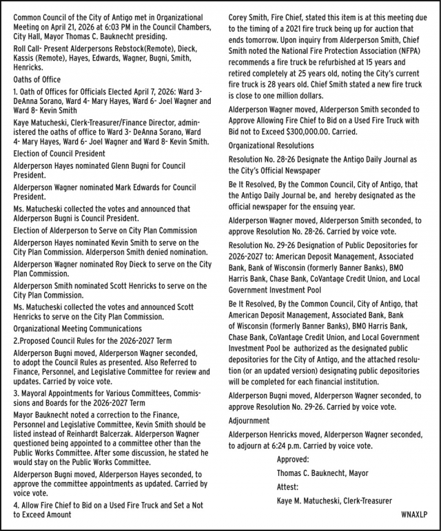 Common Council Meeting Session -  April 21, 2026, City of Antigo, Antigo, WI
