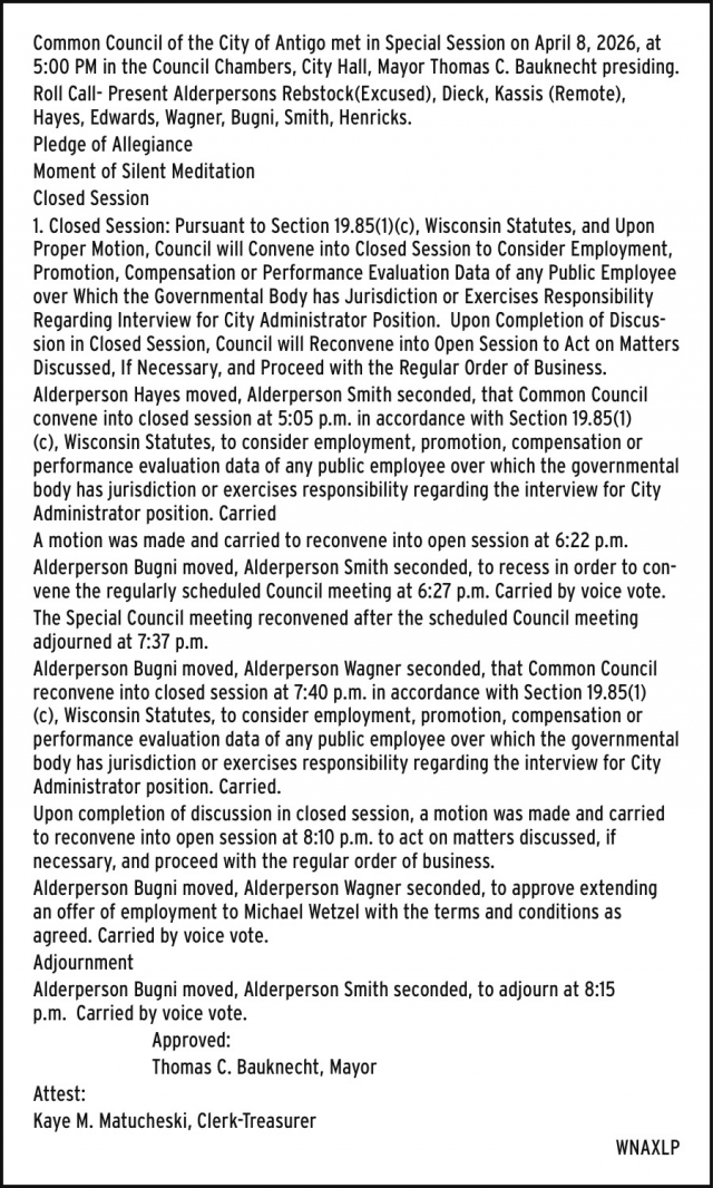 Common Council Meeting Session -  April 8, 2026, City of Antigo, Antigo, WI