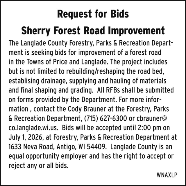 Request for Bids, Langlade County Fairgrounds, Antigo, WI