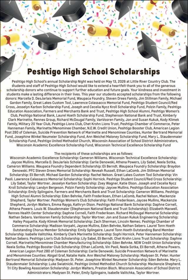 High School Scholarships, Peshtigo High School, Peshtigo, WI