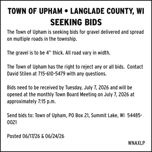 Seeking Bids, Town of Upham, Summit Lake, WI