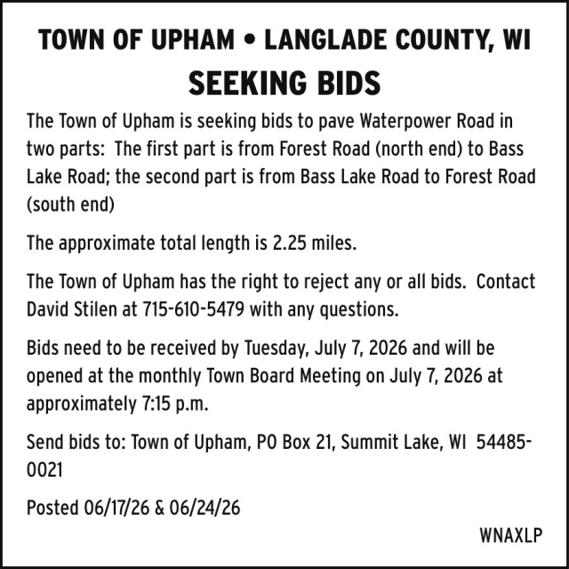 Seeking Bids, Town of Upham, Summit Lake, WI