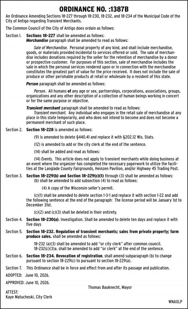 Ordinance No: 1387B, City of Antigo, Antigo, WI