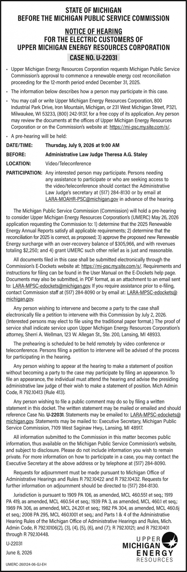 Notice of Hearing, Upper Michigan Energy Resources