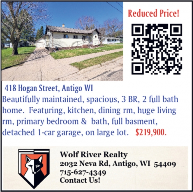 Reduced Price!, Wolf River Realty, Antigo, WI