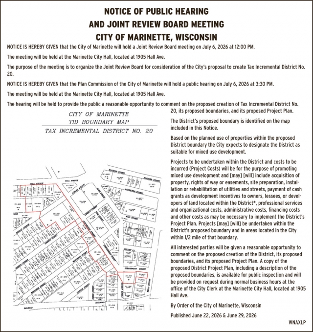 Notice of Public Hearing, City of Marinette, Marinette, WI