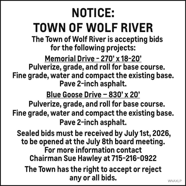 Notice, Town of Wolf River, White Lake, WI