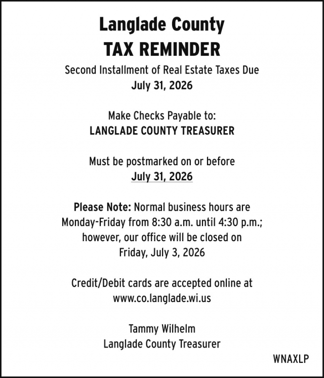Tax Reminder, Langlade County