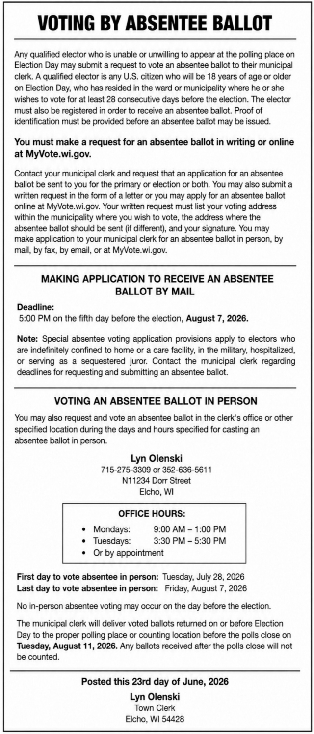 Voting By Absentee Ballot, Town Of Elcho, Elcho, WI