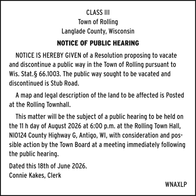 Notice Of Public Hearing, Town of Rolling