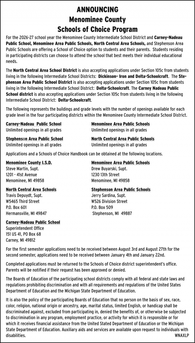 Schools of Choice Program, Menominee County, Menominee, MI