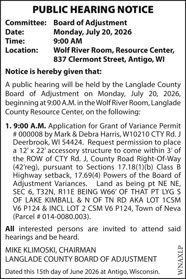Public Hearing Notice, Langlade County Board of Adjustment Meeting (July 20, 2026)