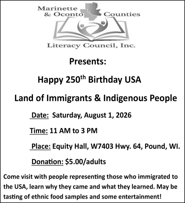 Happy 250th Birthday USA, Marinette & Oconto Counties Literacy Council, Inc.