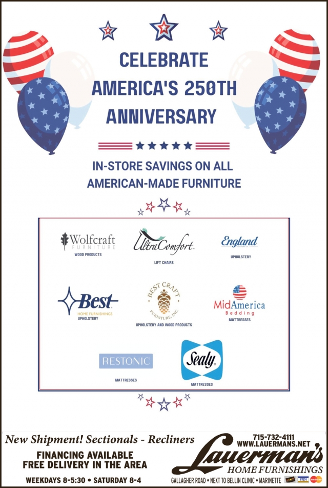 Celebrate America's 250th Anniversary, Lauerman's Home Furnishing, Marinette, WI