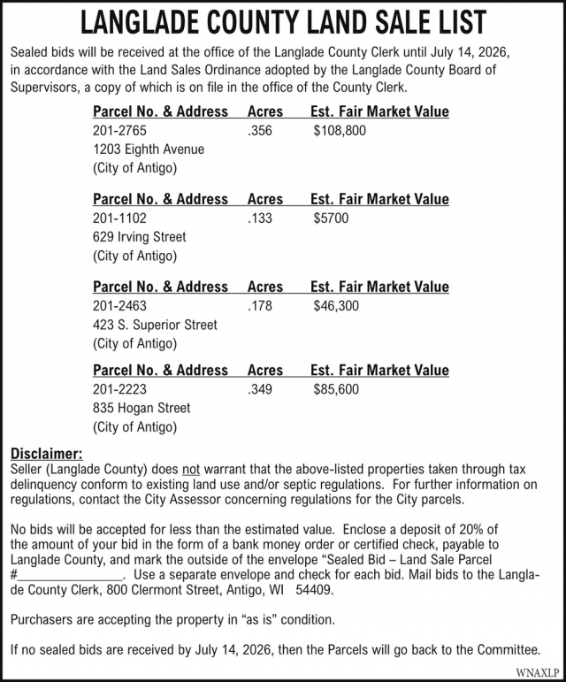 Langlade County Land Sale List, Langlade County Clerk