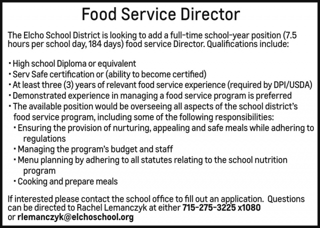 Food Service Director, Elcho School District, Elcho, WI