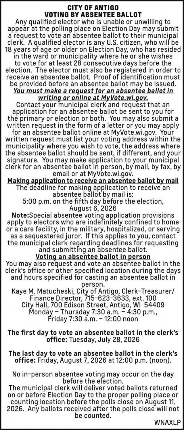 Public Notice, City of Antigo, Antigo, WI
