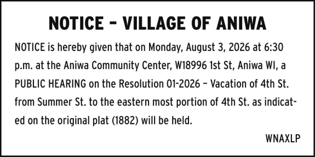Notice, Village of Aniwa Monthly Meeting at Aniwa Community Center, Aniwa, WI