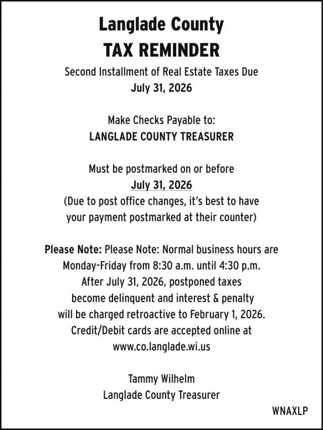Tax Reminder, Langlade County