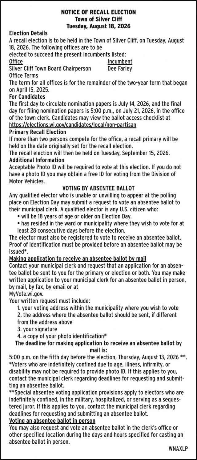 Notice Of Recall Election, Town of Silver Cliff