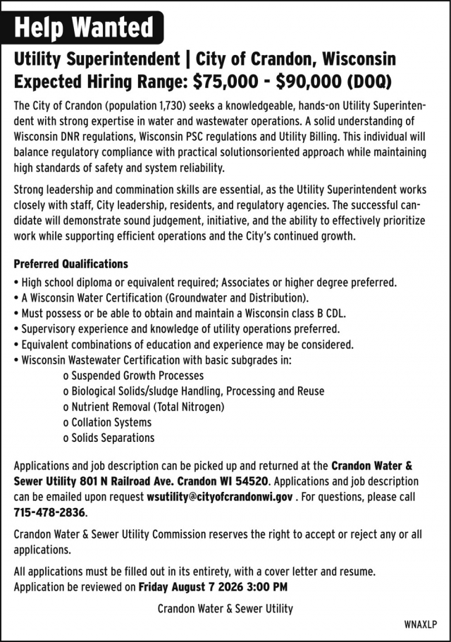 Utility Superintendent, Crandon Water & Sewer Utility