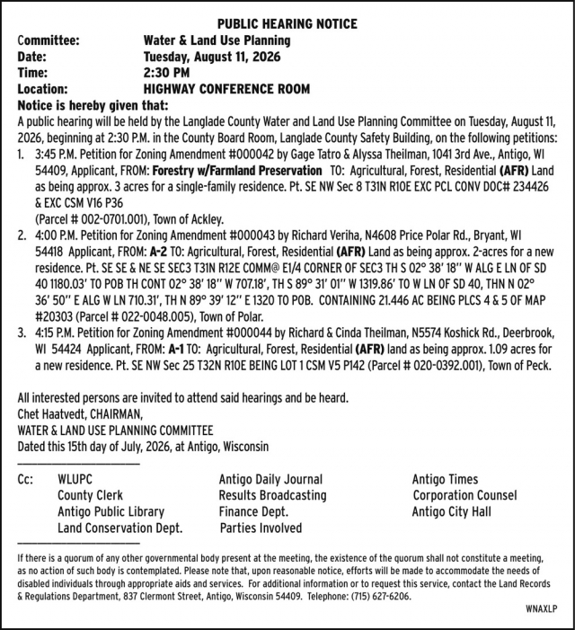 Public Hearing Notice, Langlade County