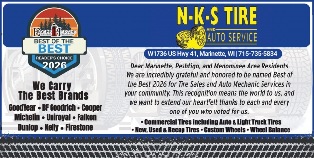 This Recognition Means The World To Us, N-K-S Tire and Auto Service, Marinette, WI