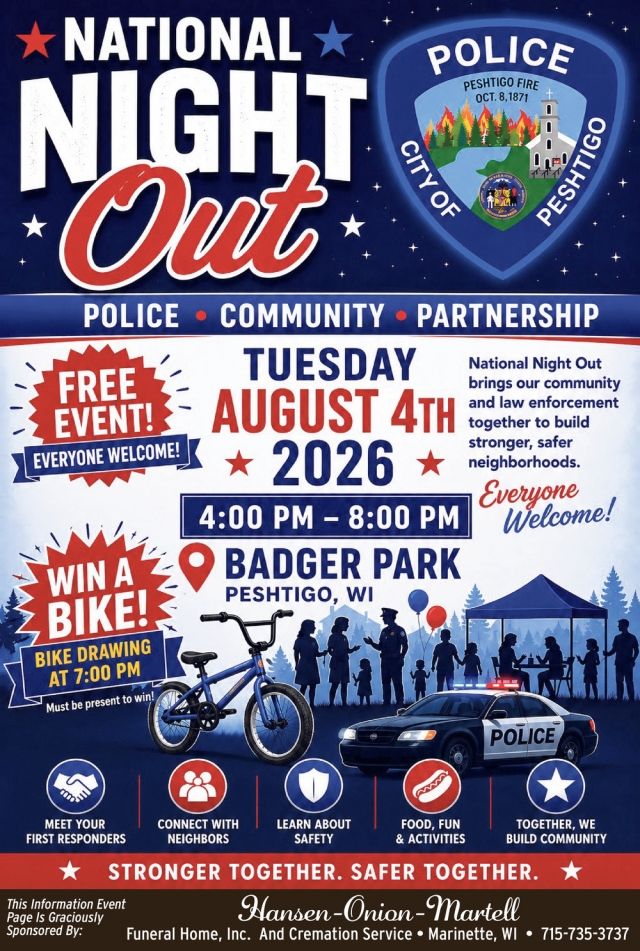 National Night Out, National Night Out (August 4,2026), Peshtigo, WI