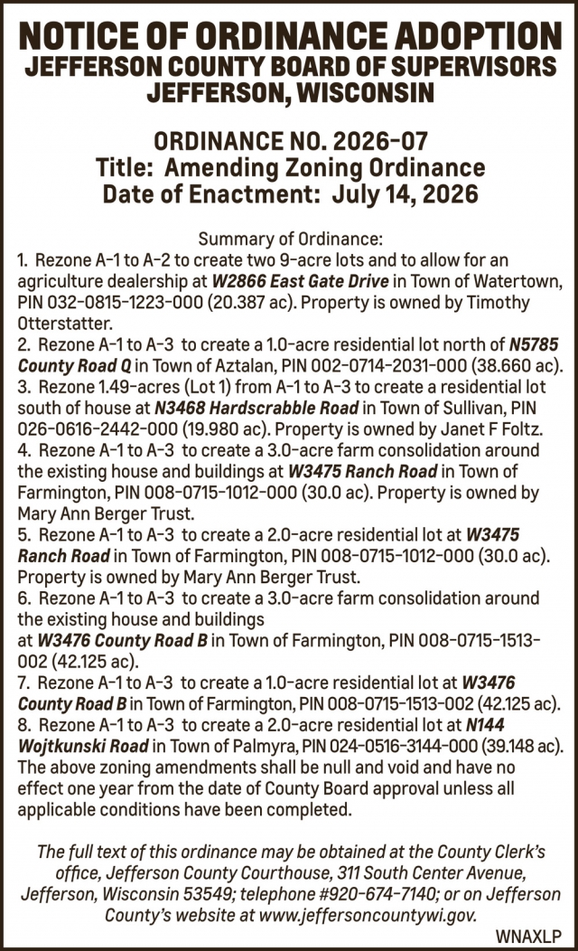 Notice of Ordinance Adoption, Jefferson County WI Government, Jefferson, WI