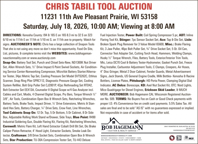 Chris Tabili Tool Auction, Bob Hagemann Auction & Realty Service, Burlington, WI