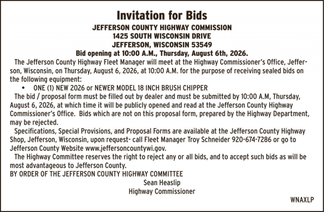Invitation for Bids, Jefferson County Highway Department, Jefferson, WI
