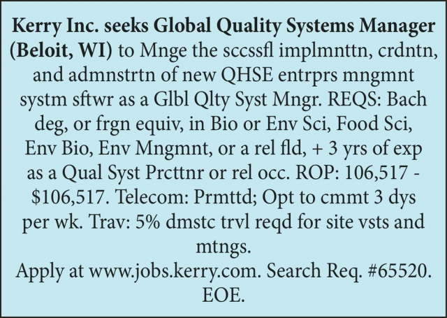 Systems Manager, kerry Inc - Beloit, Beloit, WI