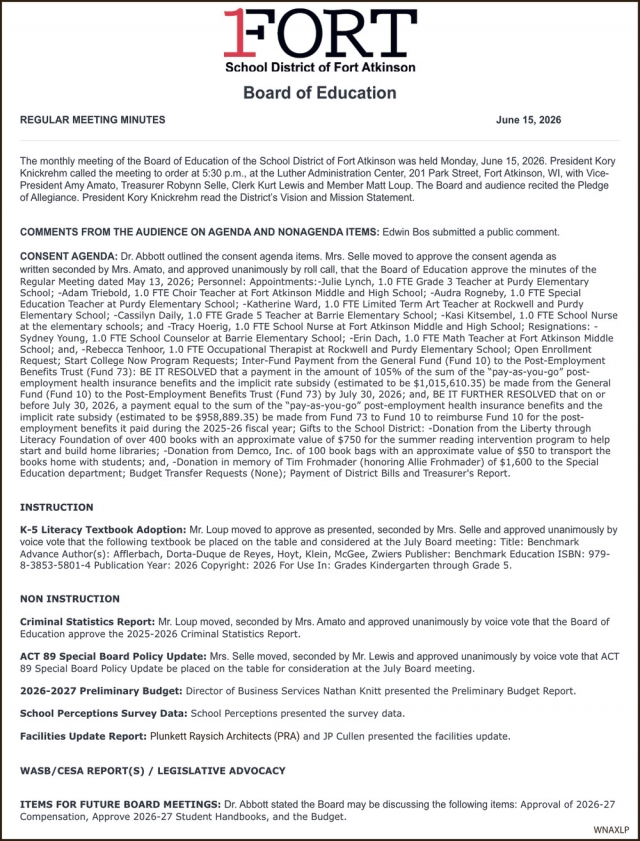 Board of Education, School District of Fort Atkinson, Fort Atkinson, WI