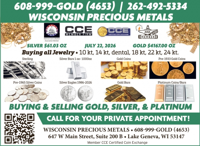Buying & Selling Gold, Silver, & Platinum, Wisconsin Precious Metals Refinishing Services, Lake Geneva, WI